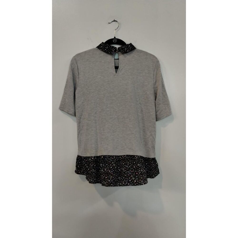 LOFT Gray Top with Black Floral Collar and Hem - Picture 2 of 6